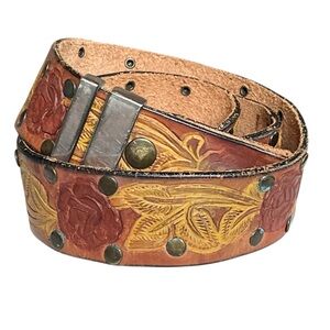 Leatherock Genuine Leather Western Style Tooled Leather Rose Belt Boho